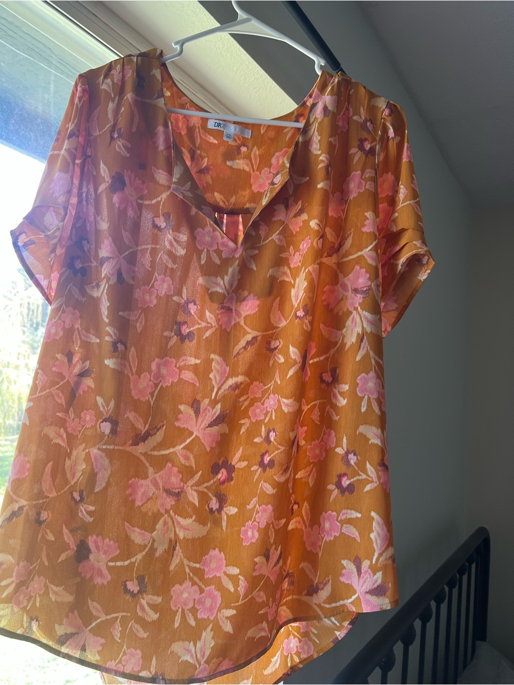 DR2 Orange Floral Short Sleeve Blouse with Pink Accents